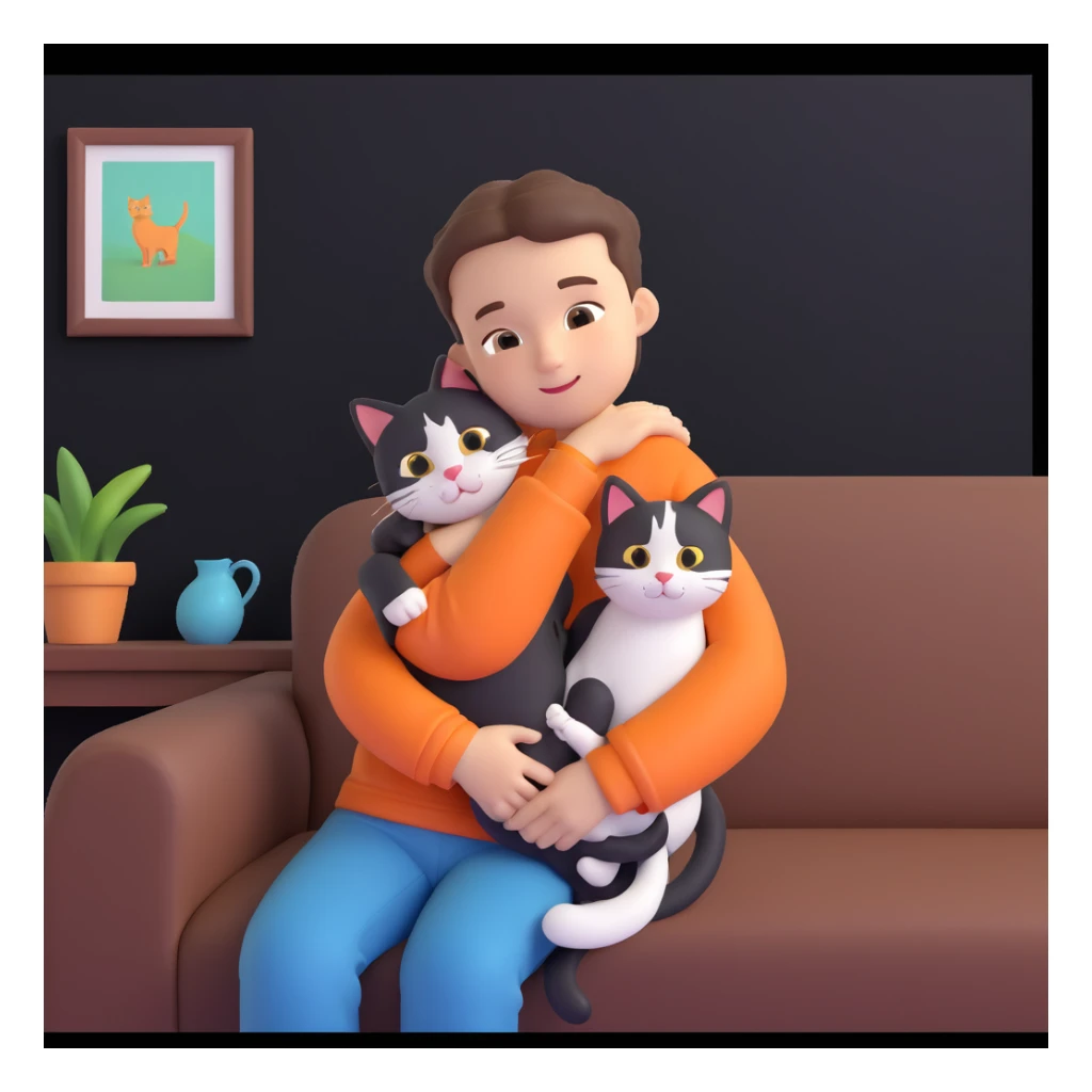 boy and cat pet, living room background sticker