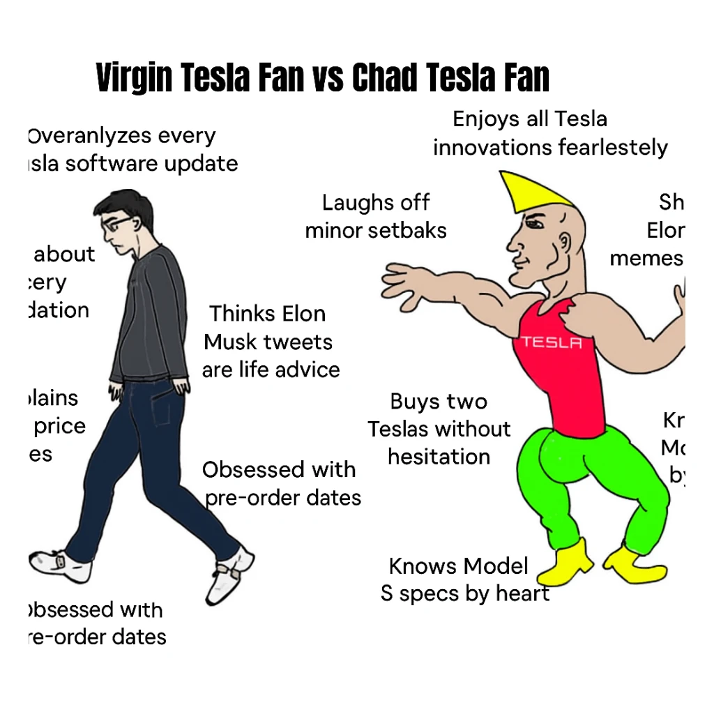 make virgin vs chad meme on tesla fan in above style  sticker