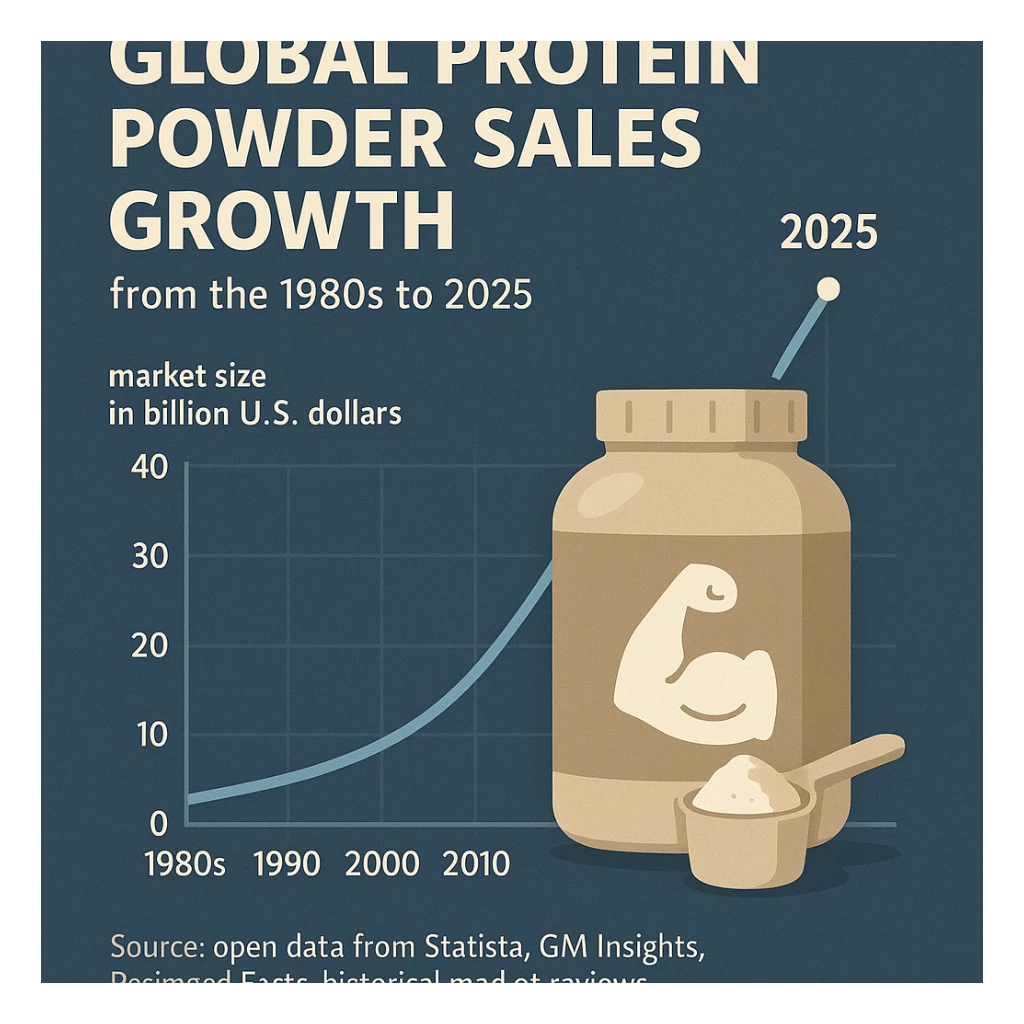 A gpt-style infographic chart showing global protein powder sales growth from the 1980s to 2025, based on open data from Statista, GM Insights, Packaged Facts, and historical market reviews.
It shows how the industry has grown from a niche market in the 1980s to a multi-billion dollar global market by 2020. sticker