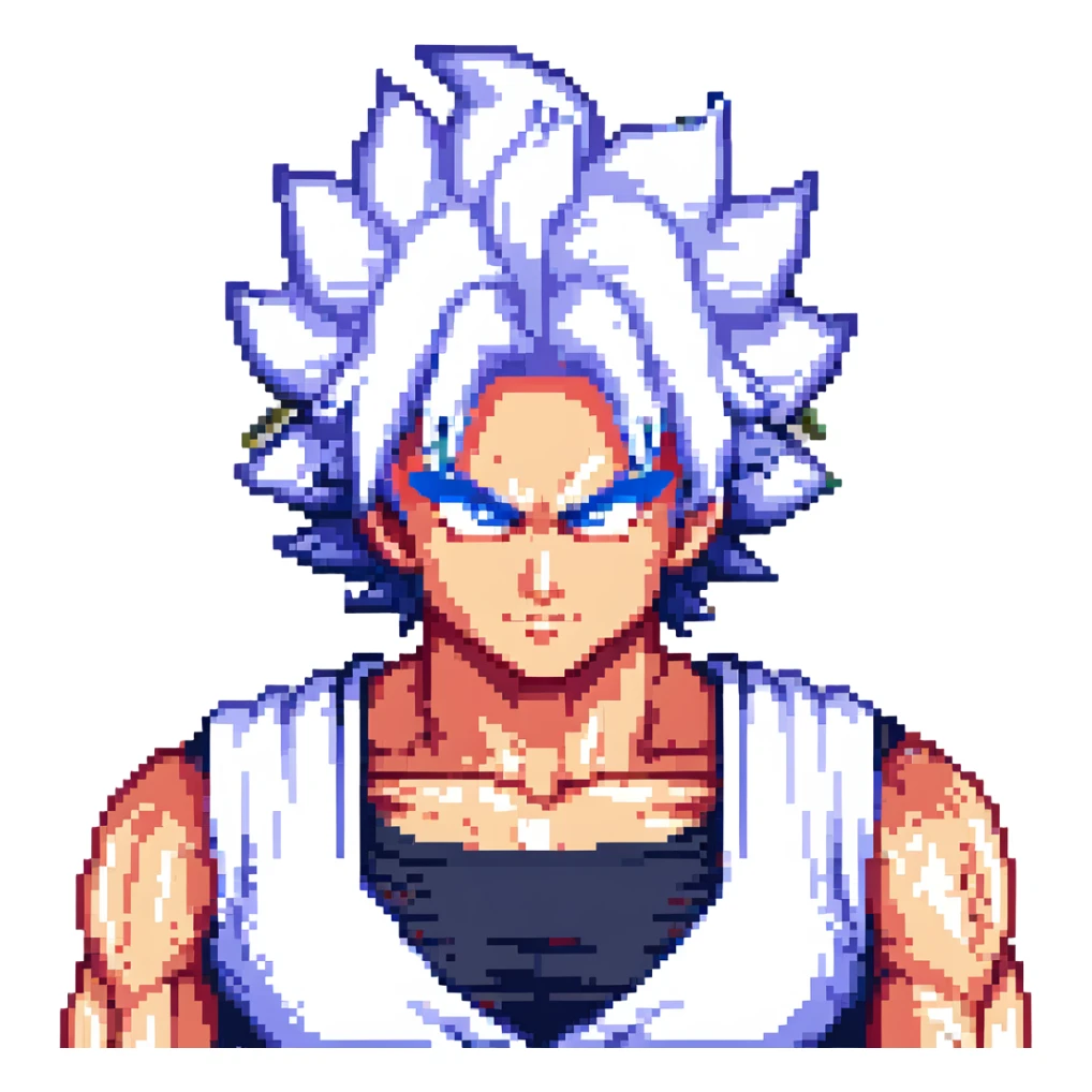 Goku in Ultra Instinct, calm face, silver hair, surrounded by energy, pixel art style sticker