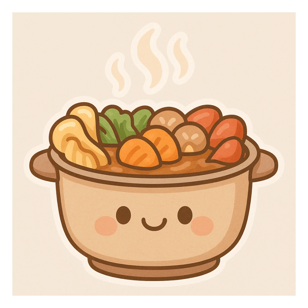 cartoon style hotpot with a smiling face on the pot, steam rising sticker