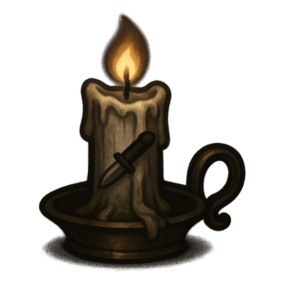 burning candle in a vintage brass holder with wax dripping, tiny knife carved into the side, gothic aesthetic inspired by church confessionals and plotting in silence, glowing softly with shadows around, discord-sized emoji sticker
