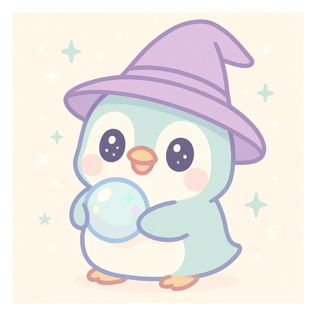 penguin wizard, with a crystal orb, snowy background, enchanting, cute, whimsical style sticker