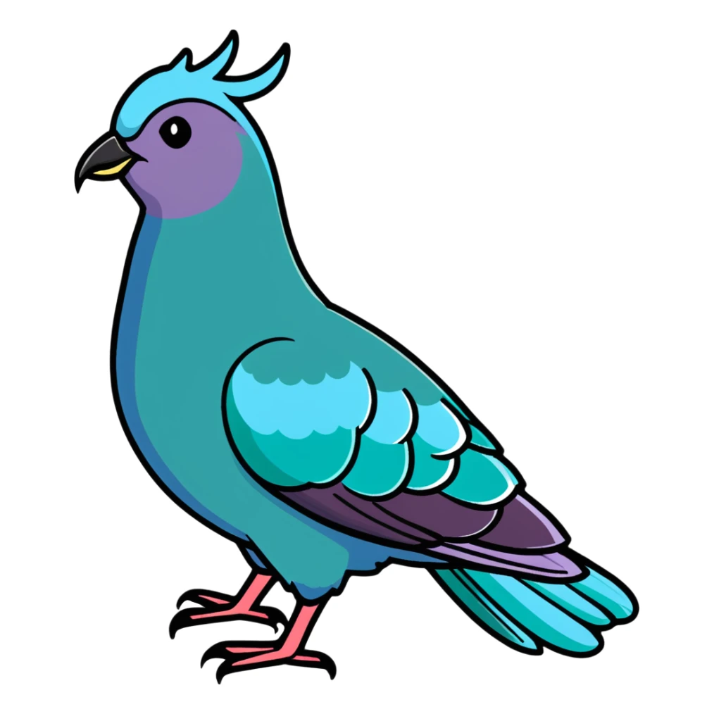Nicobar pigeon with colorful iridescent feathers, long neck and distinctive white tail sticker