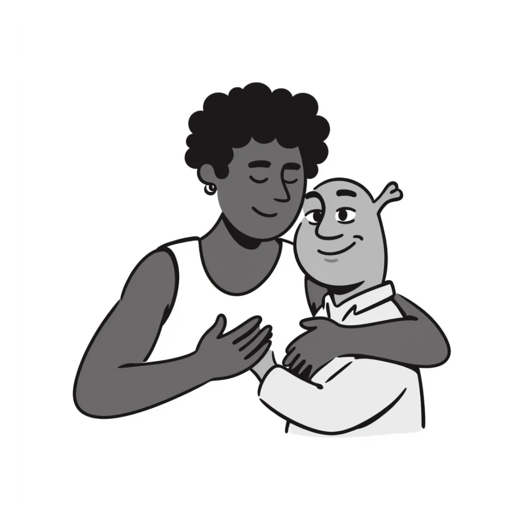 a black muscular man hugging Shrek, hand drawn doodle style sticker