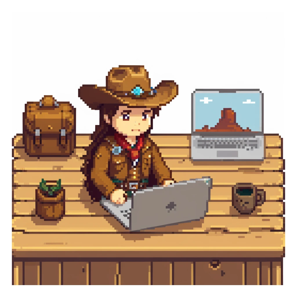 Frontier explorer with cowboy hat using a laptop on a wooden desk sticker