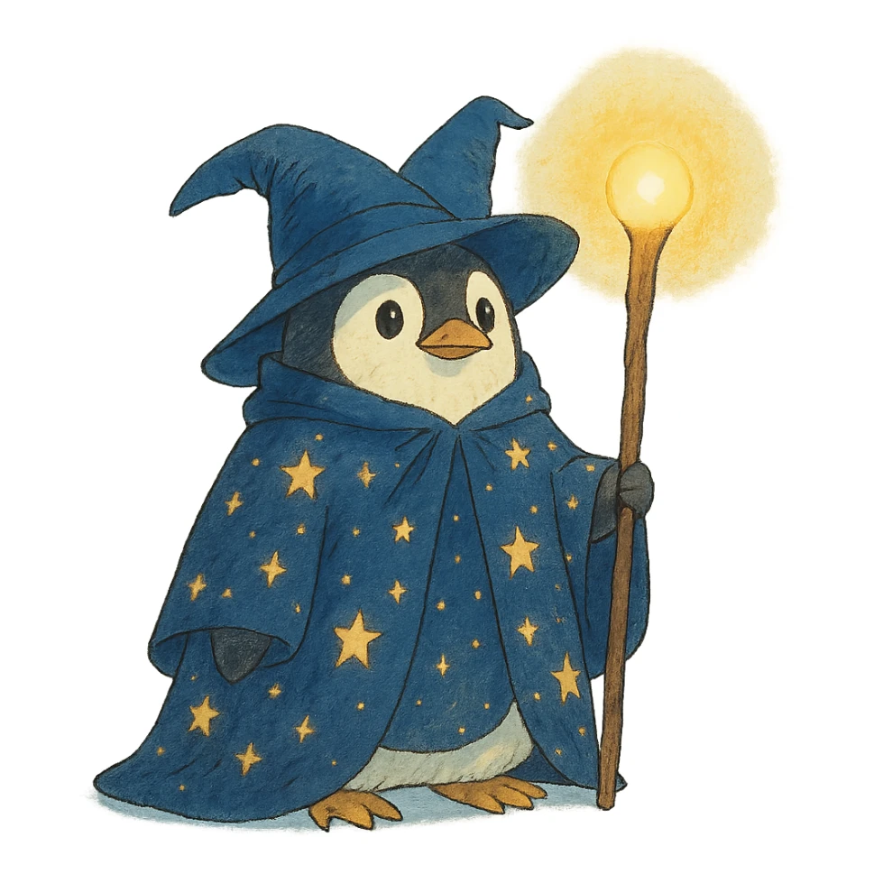 ghibli style penguin wizard with a starry cloak and glowing staff sticker