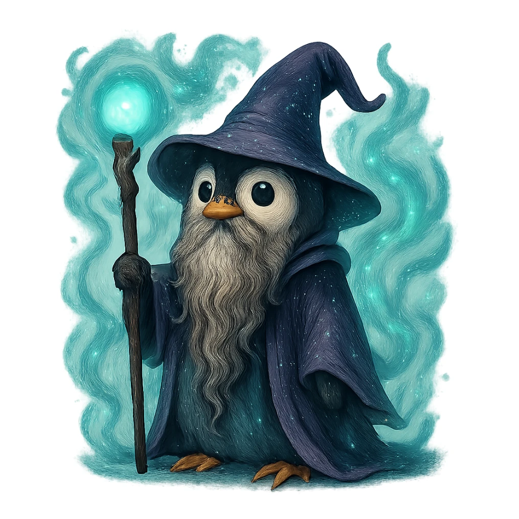 a penguin wizard with a long beard, mystical aura, enchanting style sticker