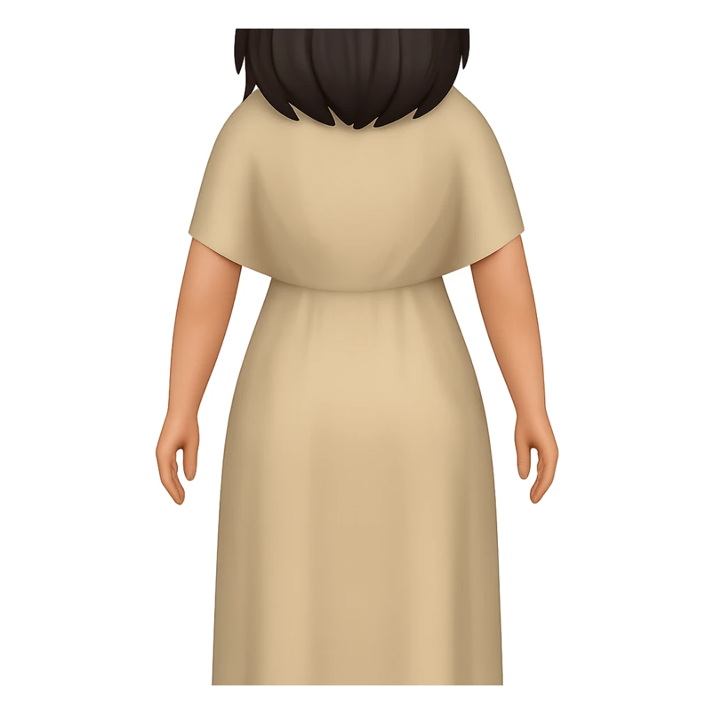 Create a back view, fullbody emoji style character with the same style and proportions as the reference image. The character should wear a plain light tan dress, have dark hair, and a transparent background. sticker
