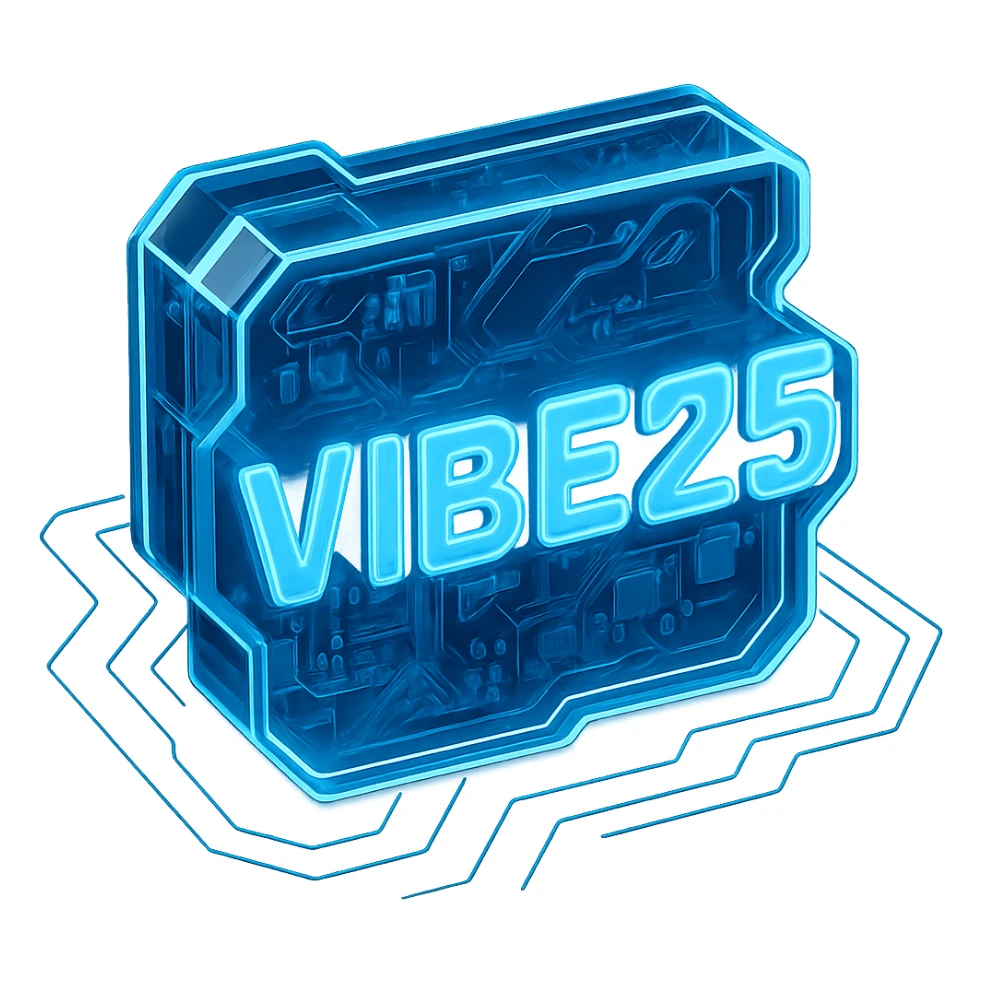 Keep the Tron-inspired neon blue outline and circuit background with strong glow and black background. Make the VIBE25 font much easier to read at small sizes by using a thicker, simpler, more geometric font with increased spacing and high legibility, maintaining the strong glow effect and black background. sticker