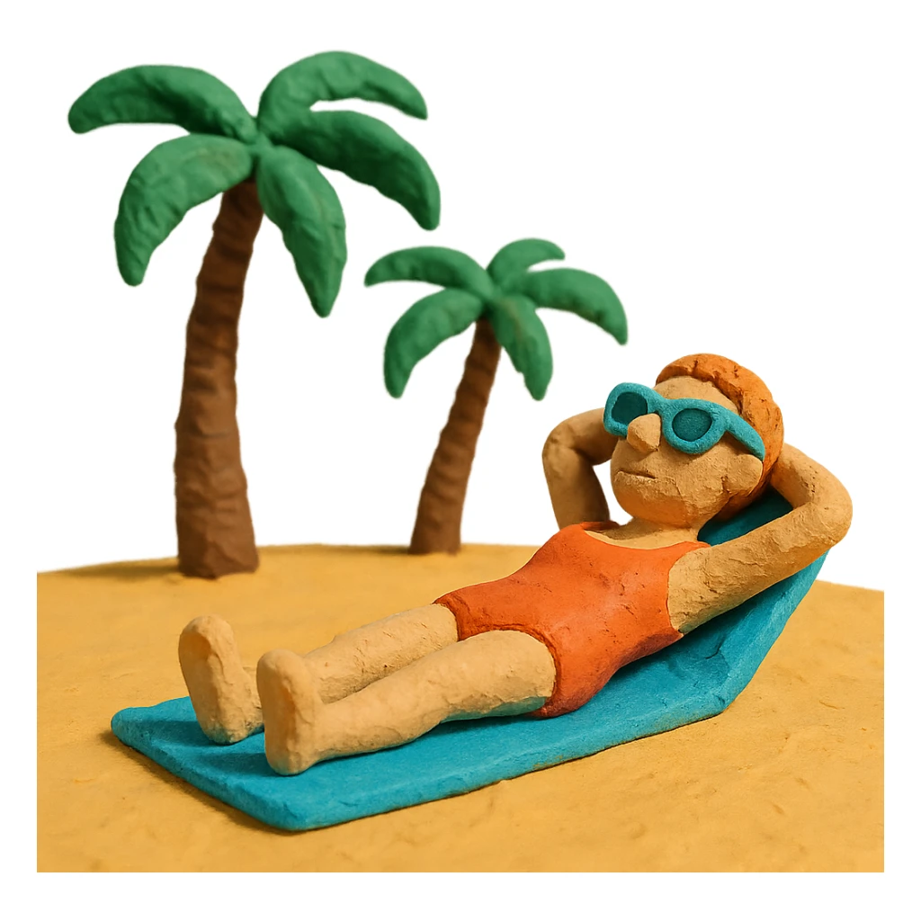 person sunbathing on Miami beach with visible clay texture and palm trees sticker