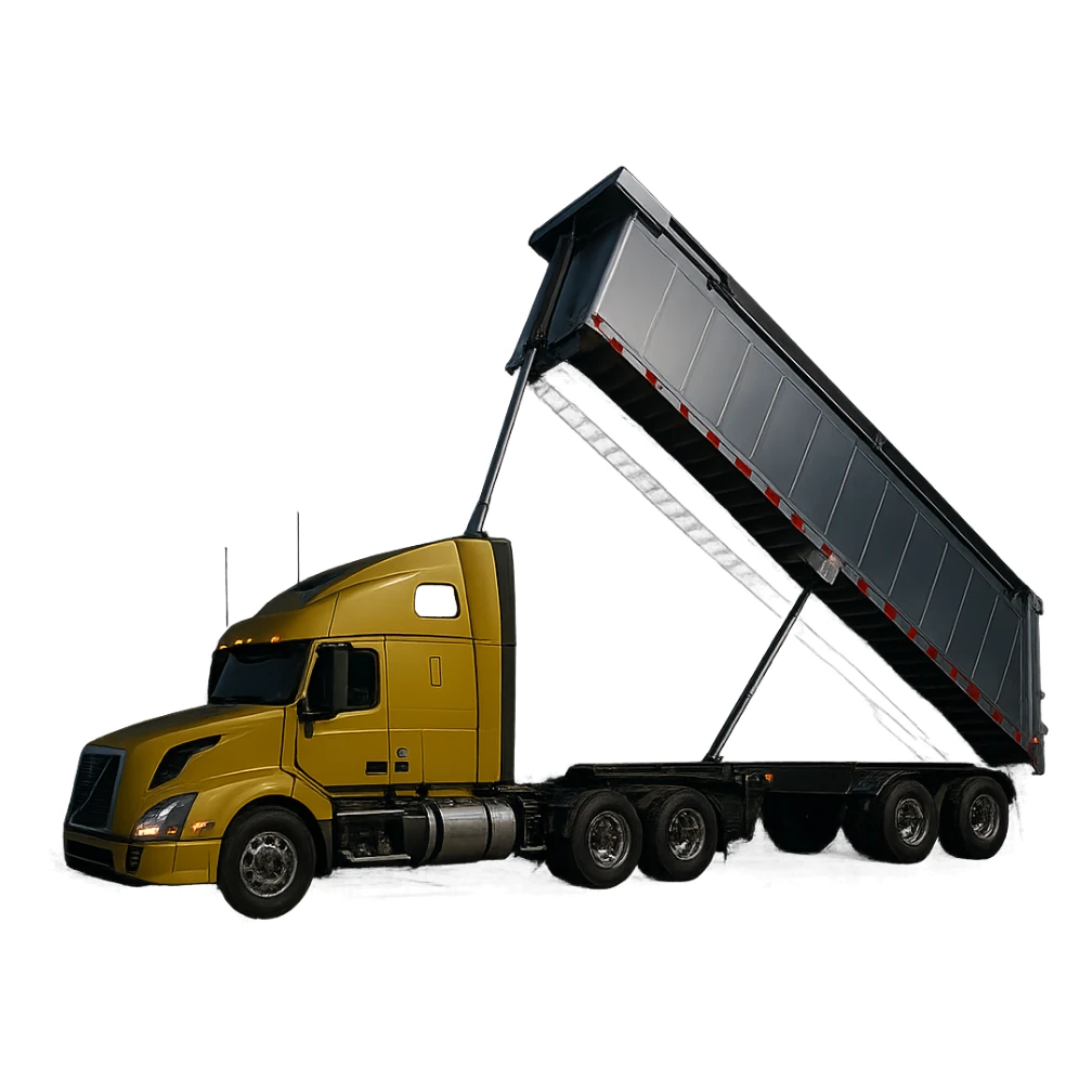 photorealistic Volvo yellow semi sleeper truck with a long silver end dump trailer, trailer raised in dumping position, side view, night setting, sharp details, no background sticker