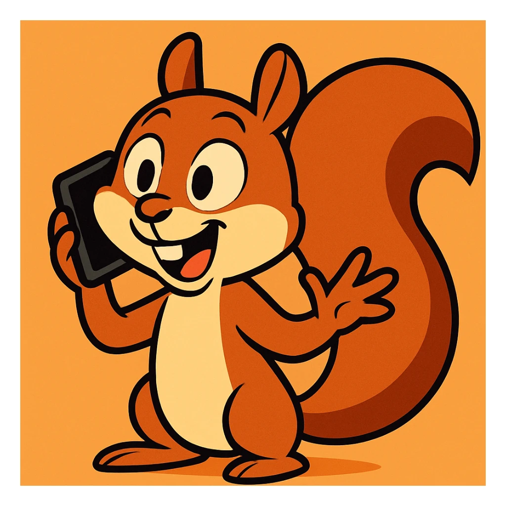 a cartoon squirrel with a smartphone, mid-conversation, cheerful expression, vibrant toon style, modern cartoon illustration sticker