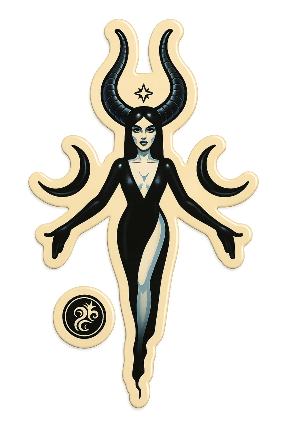Stylized Lilith: female figure with long horns, moon symbols on the sides, minimalist and mystical look, black and white palette, retro sticker style, transparent background. sticker