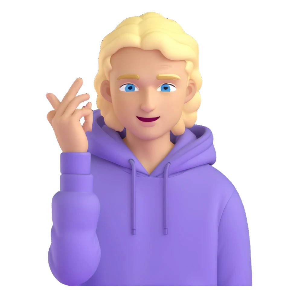 blonde man with blue eyes, lilac hoodie, winking sticker