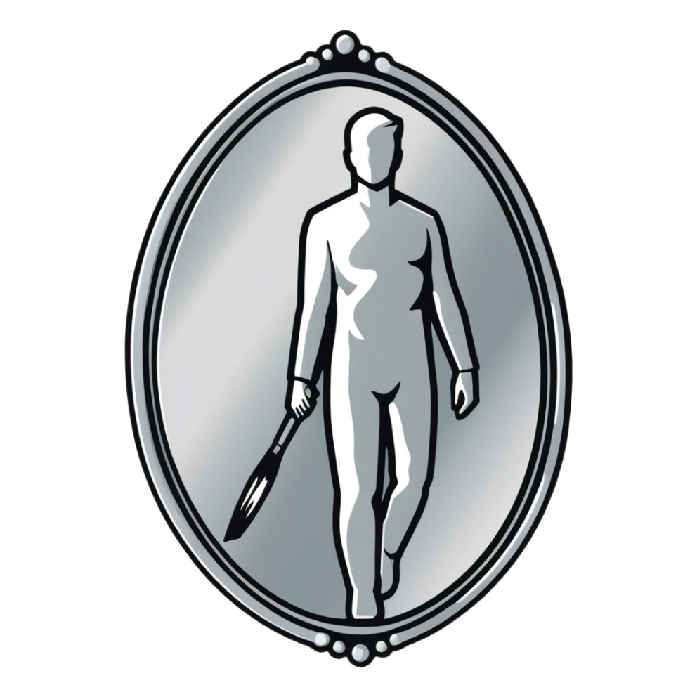 A paintbrush transforming into a silver human silhouette sculpture emblem, symbol of artistic identity, with a mirror-like silver metallic finish sticker