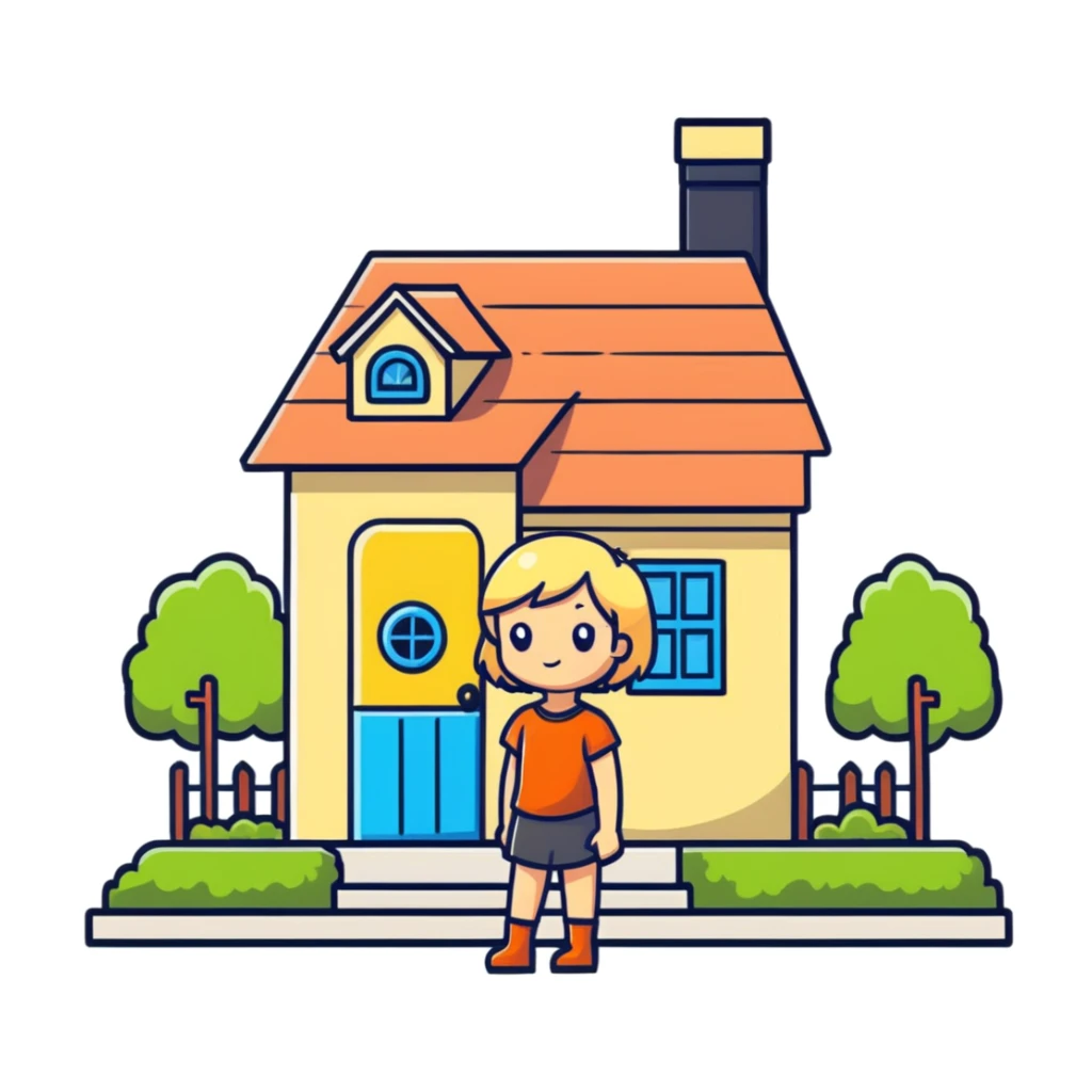 a blonde girl standing outside a small cute home sticker
