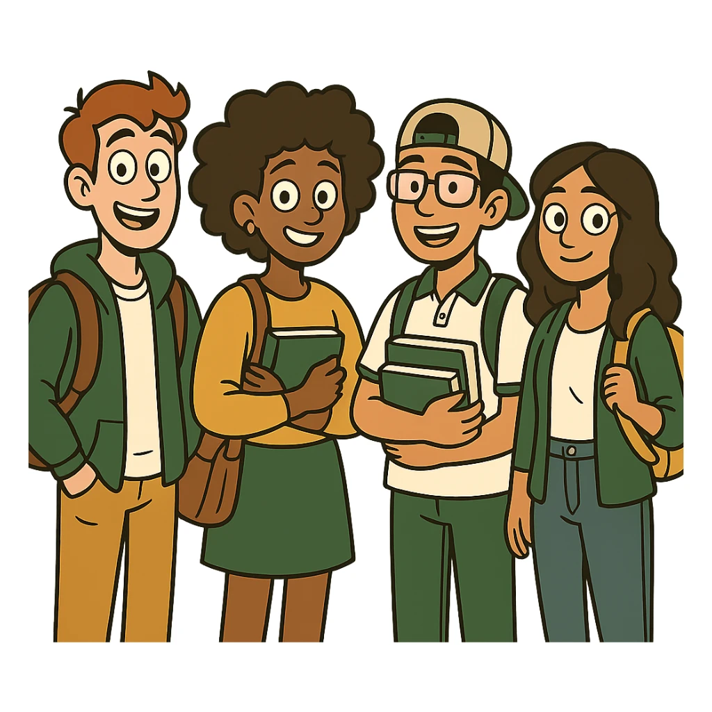 multicultural group of students, modern look, green gold and white color scheme, rounded shapes, simple design sticker