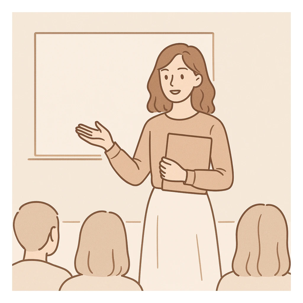 aesthetic style girl with folder in hand, presenting in front of a class, minimalistic aesthetic background, light colors sticker