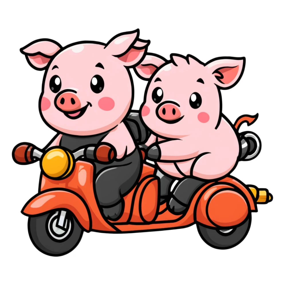 pig couple riding a motorbike, cute sticker