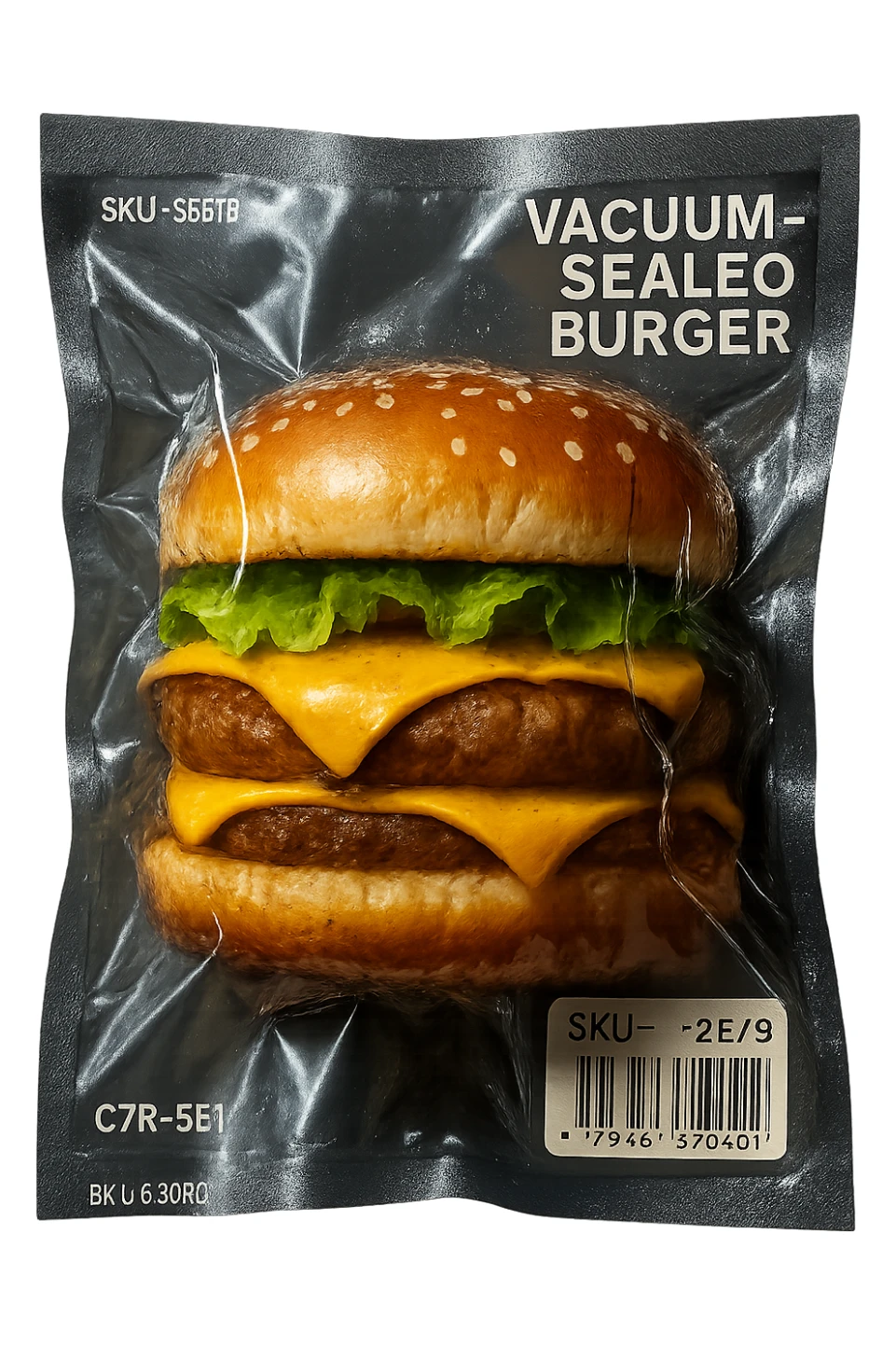 vacuum-sealed burger, compressed and shiny sticker