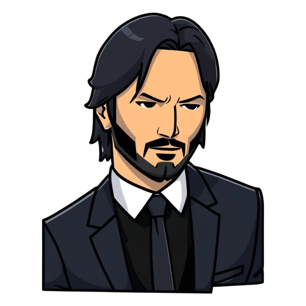 John Wick character with black suit, beard, and intense look sticker