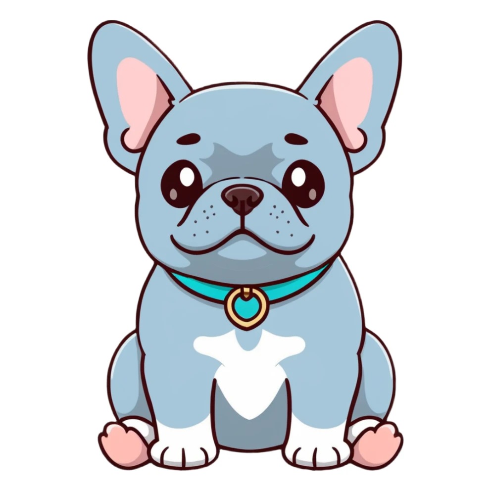 Grey French bulldog with turquoise collar sitting facing forward sticker
