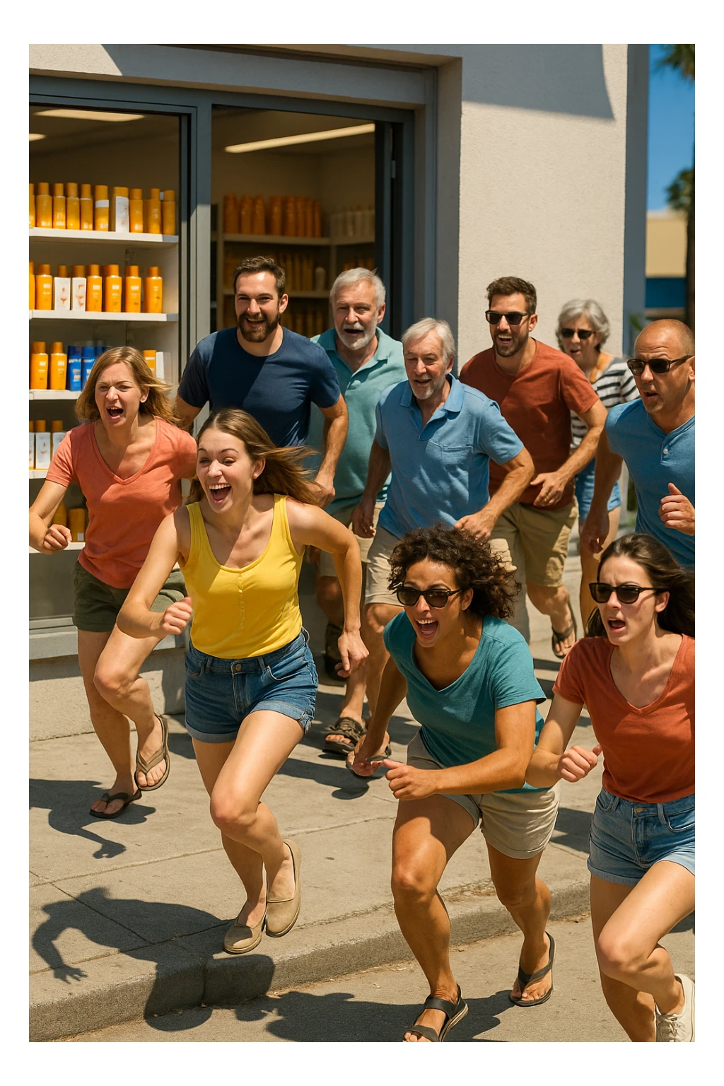 tante persone che corrono a comprare le creme solari in italiano realistiche sticker