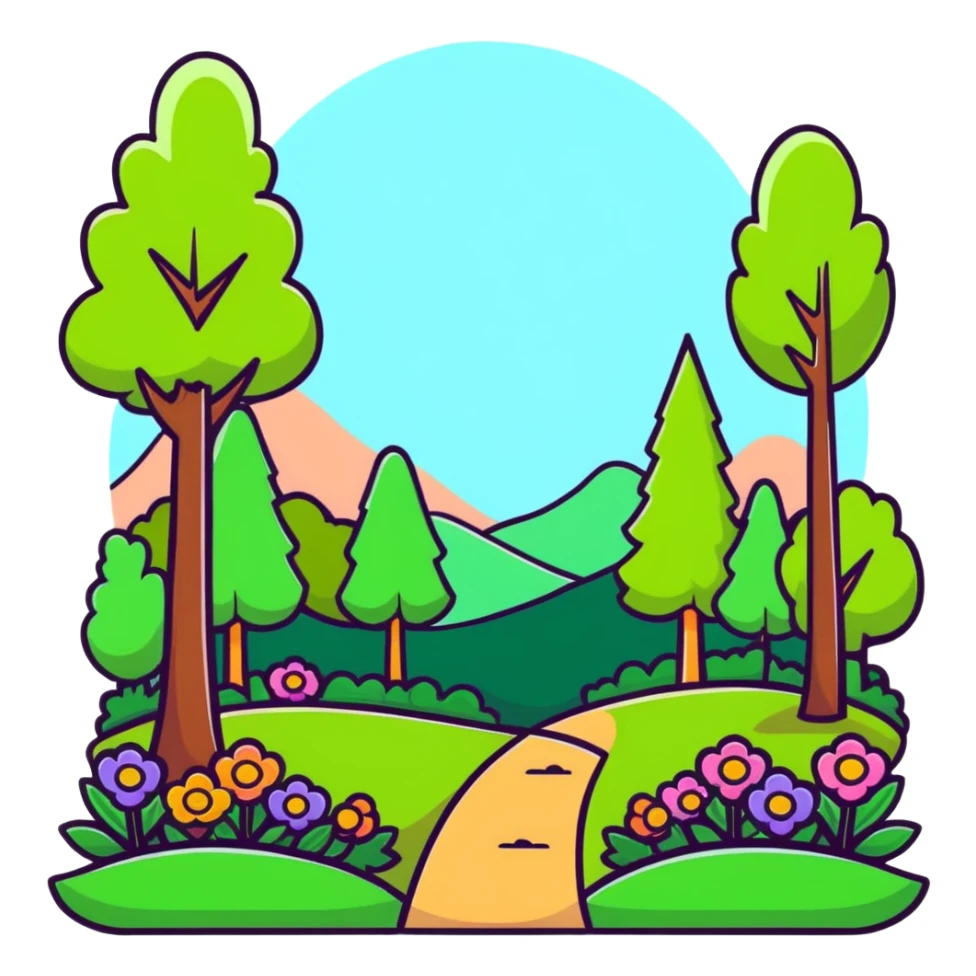 spring forest scene with colorful flowers and green trees in cartoon sticker style sticker