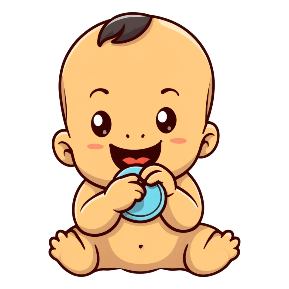 smiling baby boy teething with finger in mouth sticker