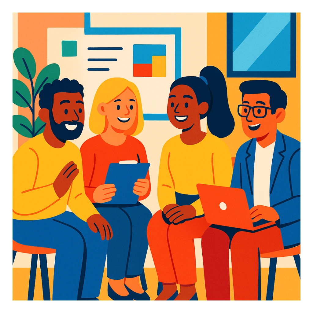 a friendly work team during a circle briefing, smiling, collaborative, modern office, diverse group, vibrant colors sticker