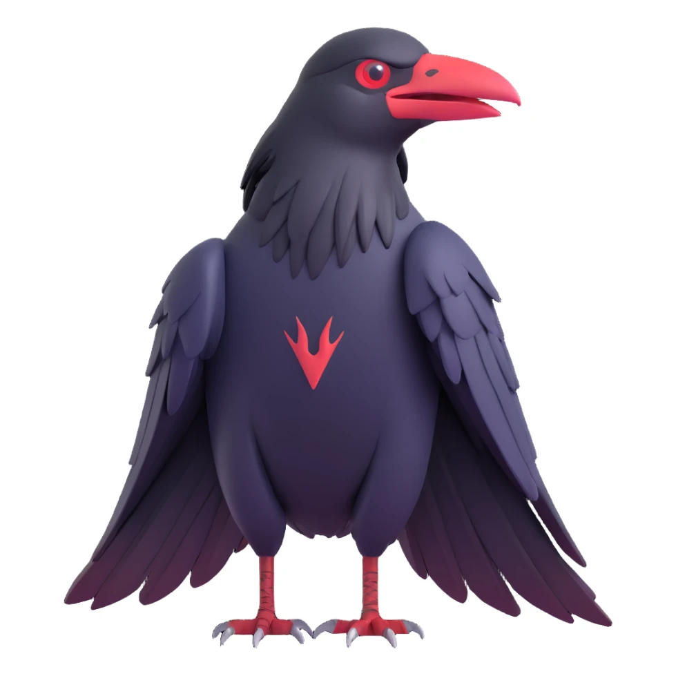 Itachi Uchiha's crow inspired by Naruto, dramatic pose, dark feathers, red eyes, subtle anime style, emoji sticker