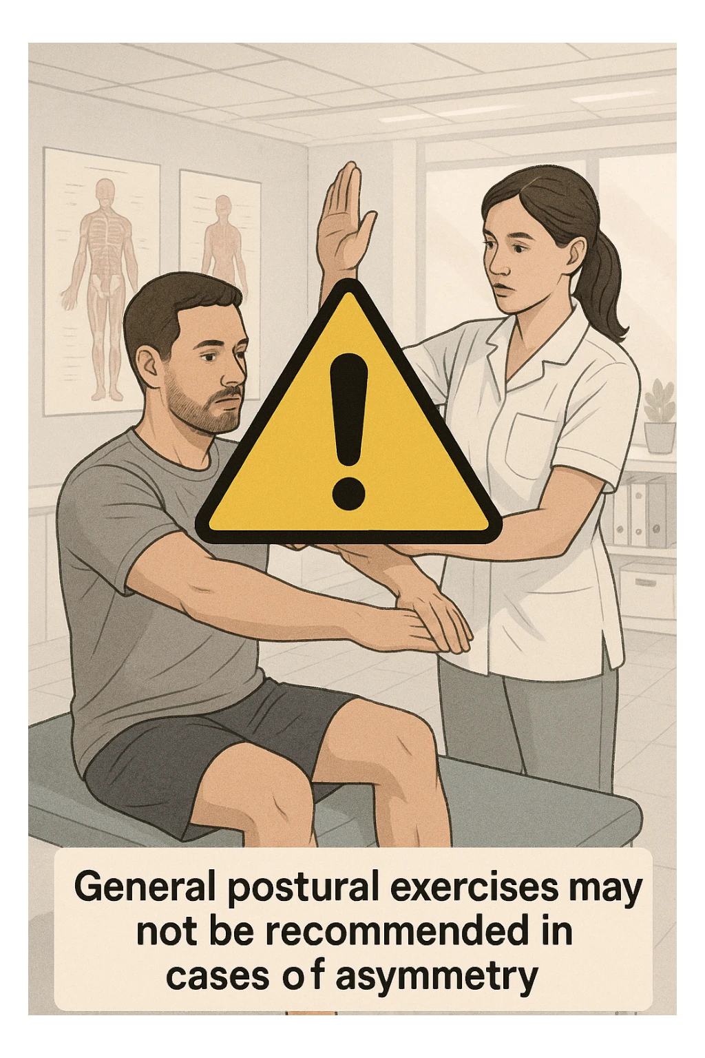 vertical editorial-style medical illustration of physiotherapist guiding man through postural exercise, large yellow warning triangle with exclamation mark superimposed over scene, caption reading 'General postural exercises may not be recommended in cases of asymmetry', clean modern clinic background with anatomical charts, bright lighting, professional educational atmosphere sticker