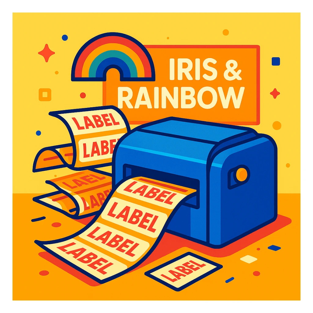 A printer printing a lot of labels, with a background logo that says 'Iris & Rainbow', vibrant and clear composition, colorful, modern, playful, bright, clean, professional look sticker