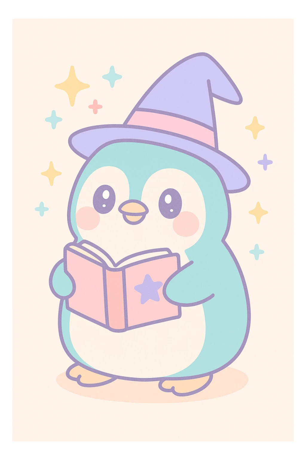 a chubby penguin with a wizard hat, magical sparkles around, and a book of spells sticker