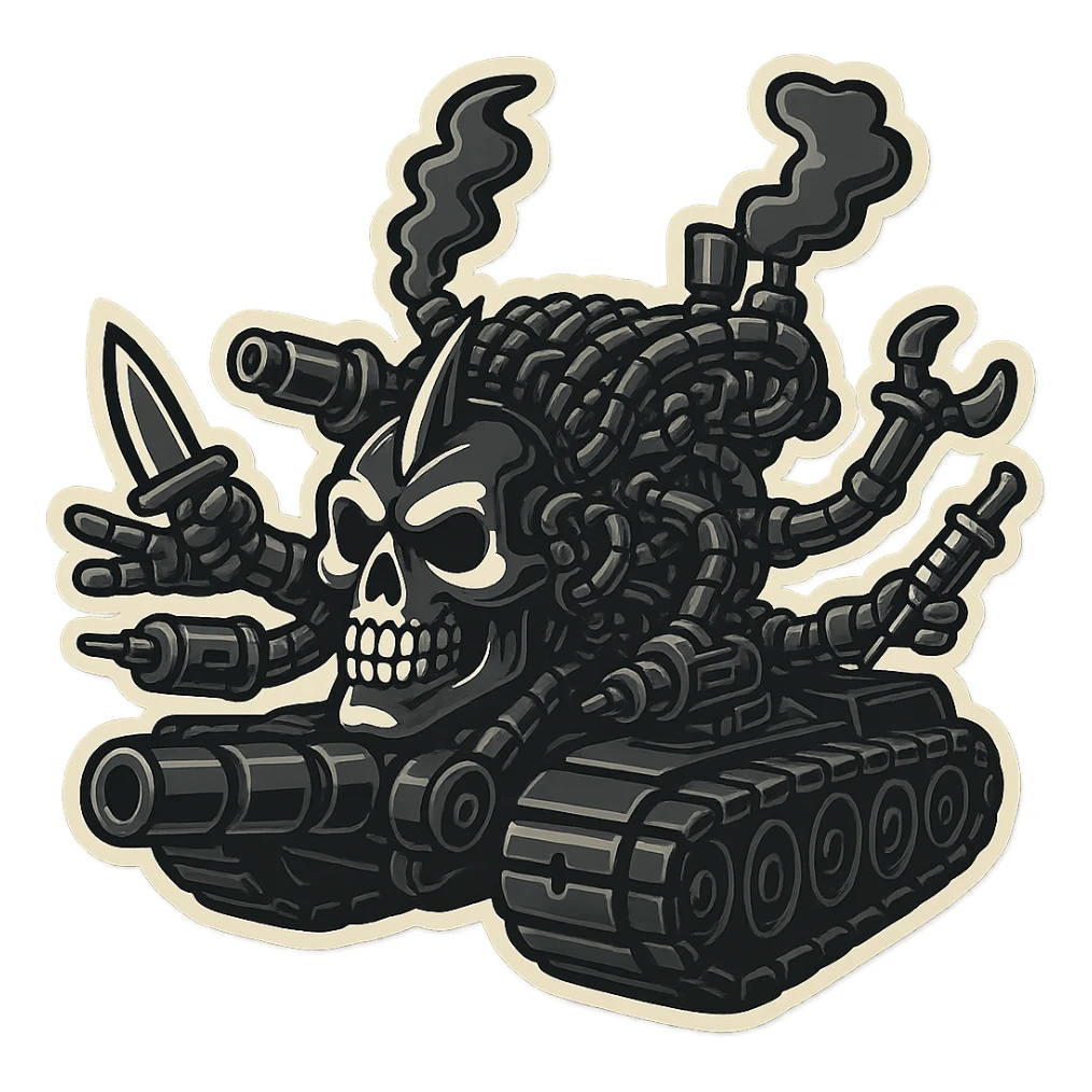 Edit the skull robot tank to have 4 distinct appendages, each holding a different weapon: an industrial blade, a blaster, a syringe, and a claw. Color it like a Jolly Roger flag with a black tank, white skull face and arms, bold contrast, and minimal accent color. Keep compact proportions, clear mechanical detail, retro stickers style with clean outline and transparent background. sticker