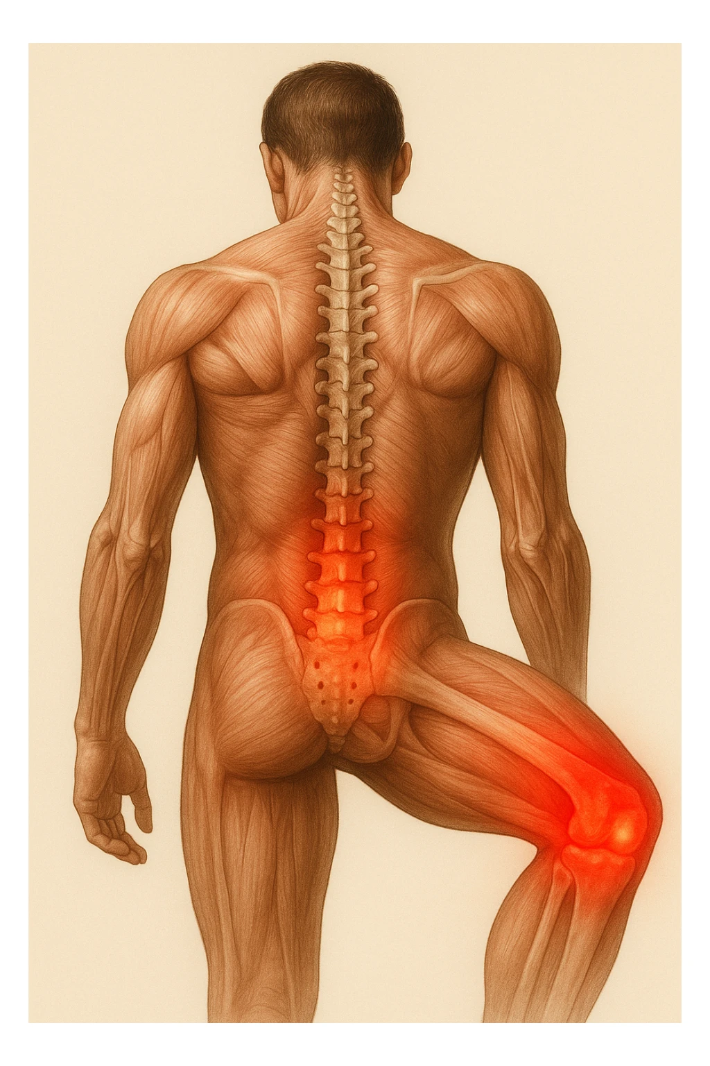 corpo umano anatomico con mal di schiena e al ginocchio, iperrealistico 4k sticker
