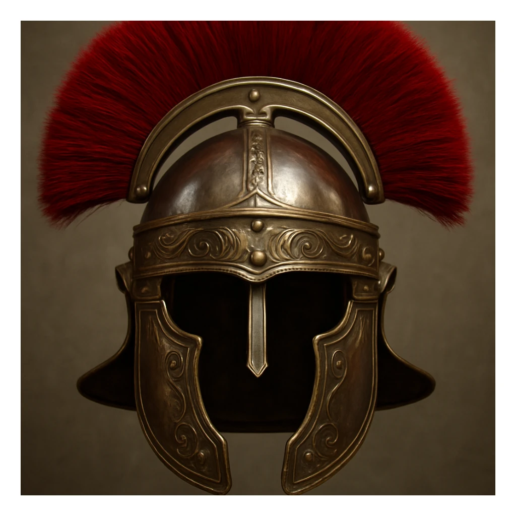 Roman Centurion's helmet, front view, red plume, shiny metal, detailed and realistic sticker