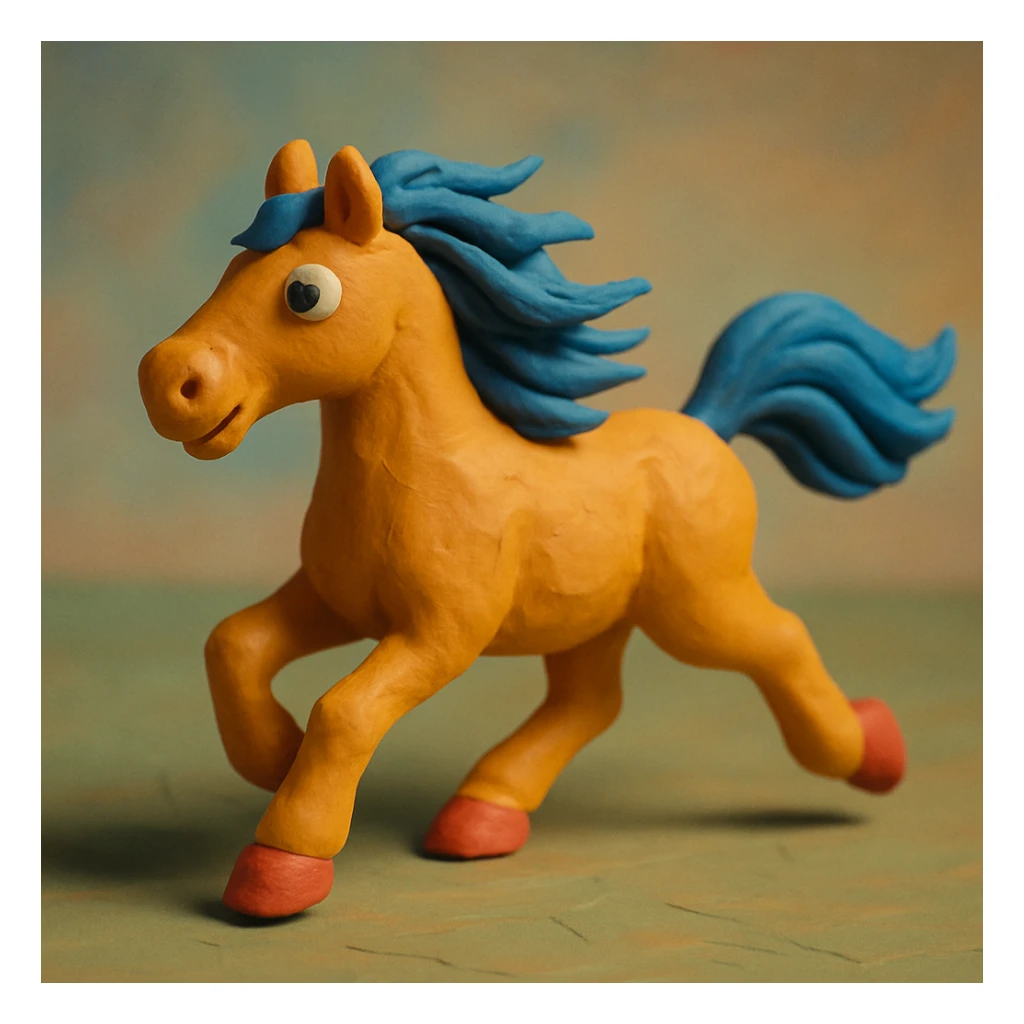 horse running with flowing mane, vibrant colors, soft lighting, claymation style sticker