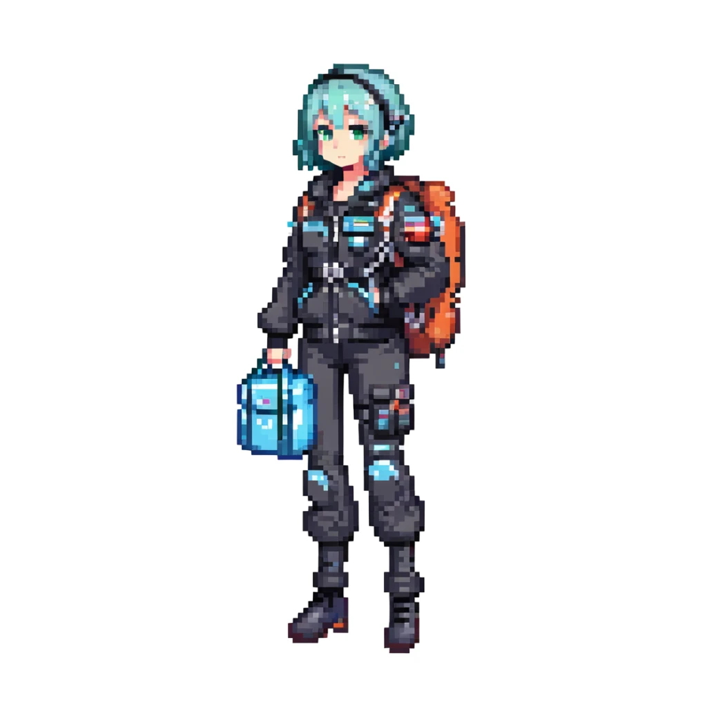 1 female, a vtuber in a cryo suit with a flight jacket, holding a medpack - SNES box art image - cutscene graphic 3/4 side perspective sticker