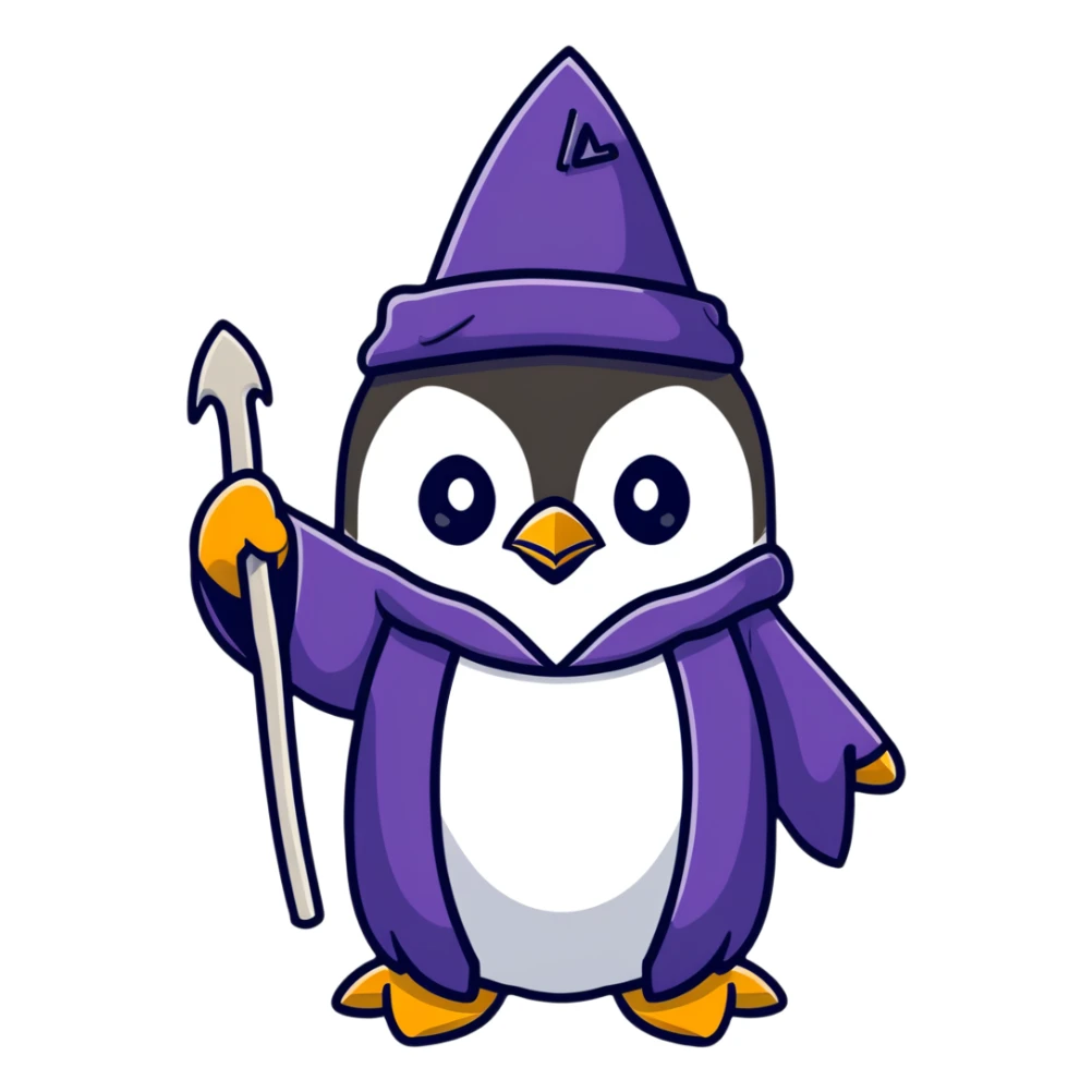A penguin wizard with a long white beard, wearing wizard robes and conjuring magic from its flippers sticker