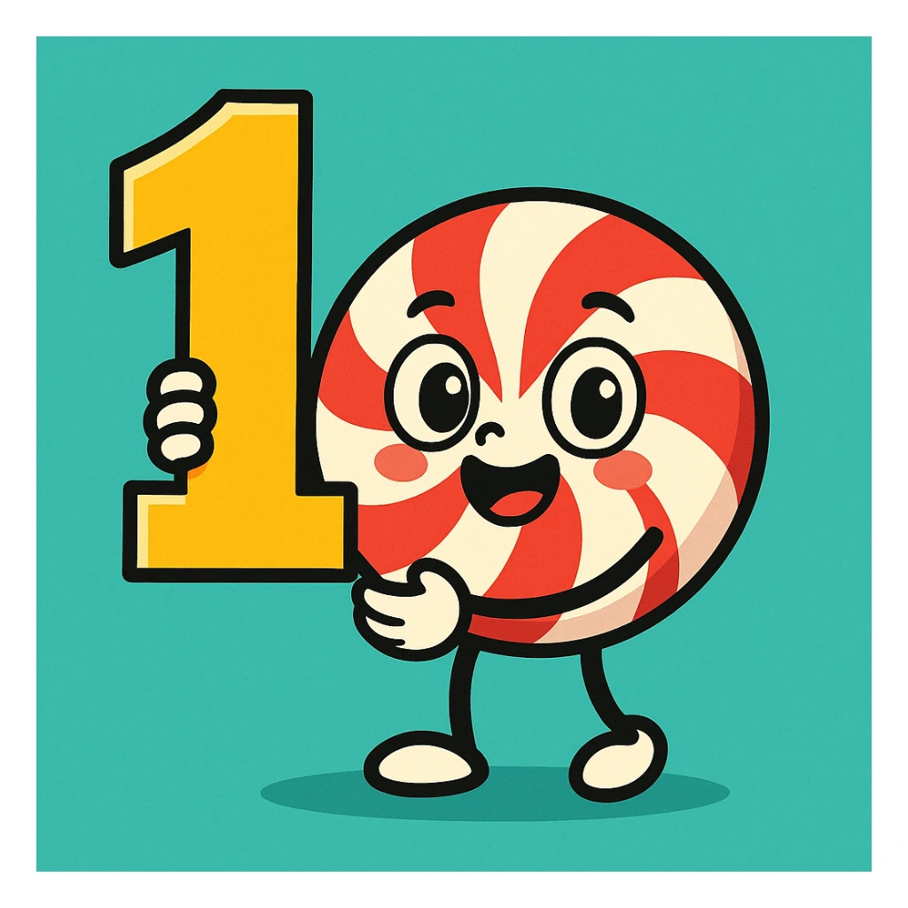 cute peppermint candy holding a number one, cartoon style sticker