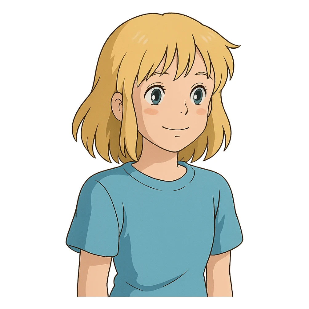 ghibli style blonde girl wearing a t-shirt sticker