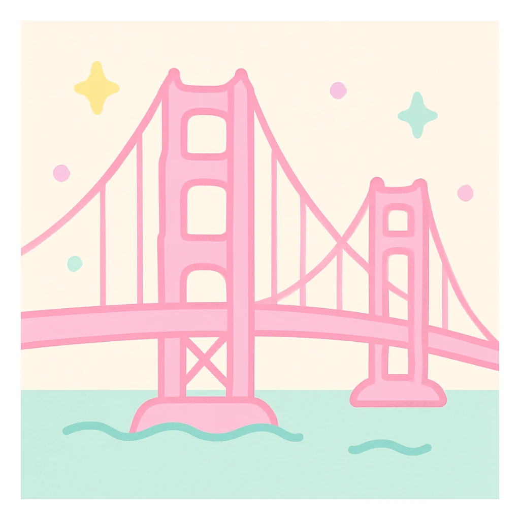 {
  "style_description": {
    "overall_look": "Cute, minimal, and soft with a friendly and playful tone",
    "material_simulation": {
      "primary_material": "flat digital color",
      "texture_detail": "smooth surfaces with no texture or shading",
      "pattern": "none or very simple decorative accents (e.g., hearts, stars)"
    },
    "geometry": {
      "edge_style": "rounded, soft curves with no sharp angles",
      "dimensionality": "flat two-dimensional appearance with simple shapes"
    },
    "color_palette": {
      "scheme": "pastel and light tones",
      "preferred_colors": ["pink", "mint", "lavender", "baby blue", "peach"],
      "contrast": "low contrast with bright accents"
    },
    "facial_features": {
      "eyes": "large, sparkly, often oval or circular",
      "mouth": "small, often a simple curve or dot",
      "expression": "joyful, innocent, or calm"
    },
    "lighting": {
      "type": "none or implied with soft highlights",
      "purpose": "maintain a clean and cheerful look"
    },
    "render_constraints": {
      "avoid": ["realistic shading", "high detail", "dark themes", "texture noise"],
      "focus_on": ["cute expression", "iconic simplicity", "emotional warmth"]
    },
    "background": {
      "color": "white or soft pastel",
      "style": "plain or patterned with simple icons (e.g., polka dots, stars)",
      "lighting_consistency": "no shadows, evenly lit feel"
    }
  }
}

{subject} = golden gate bridge sticker
