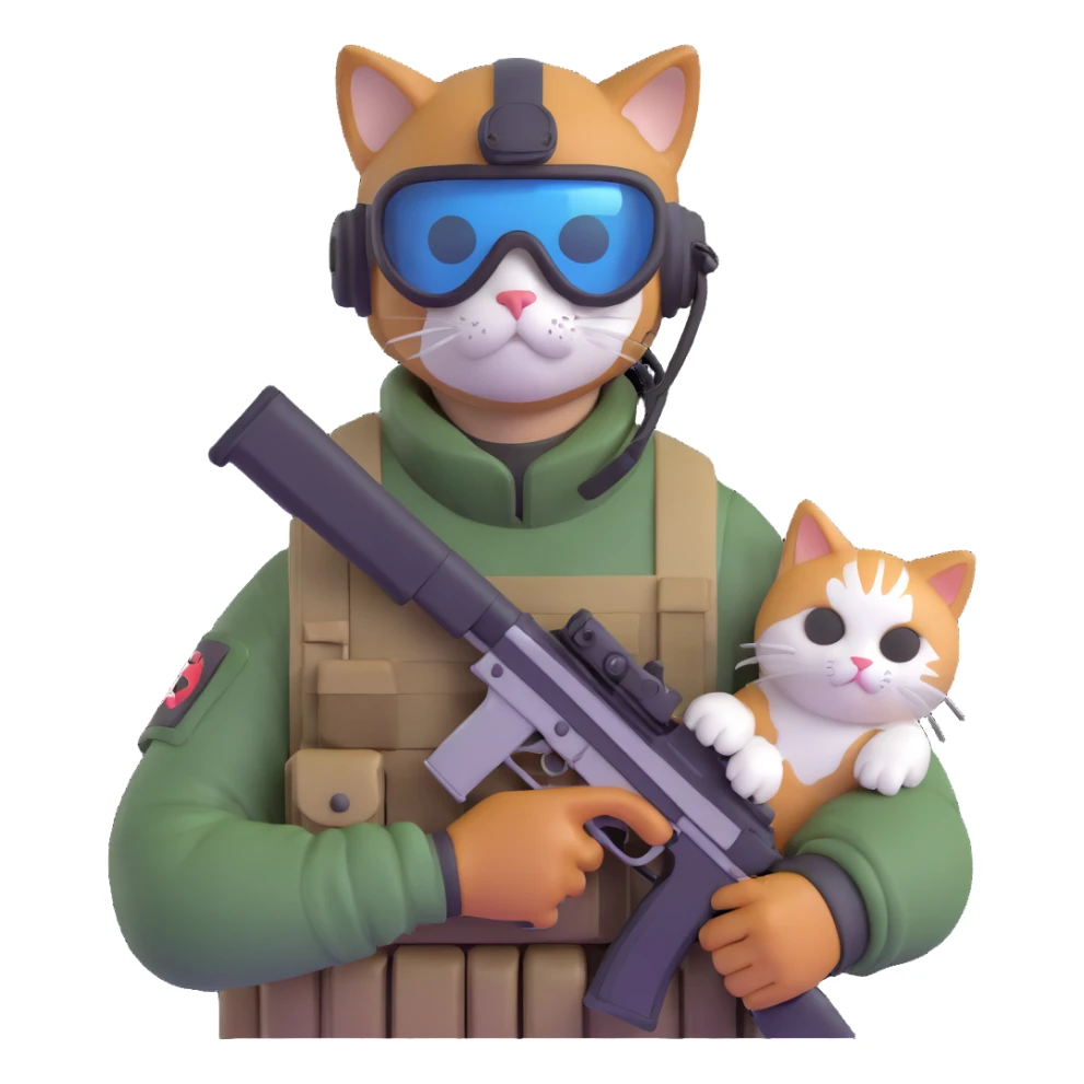 Man in tactical airsoft gear wearing protective goggles on face, holding a gun in one hand and a white and brown cat in the other hand sticker