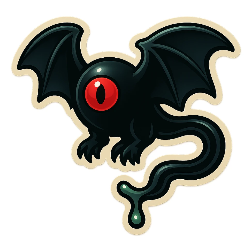 an all black reptilian bat-like creature. One cyclopian red eye in its face. no visible mouth or ears. 2 hind legs with claws. has a long tale with a stinger that drips green poison sticker