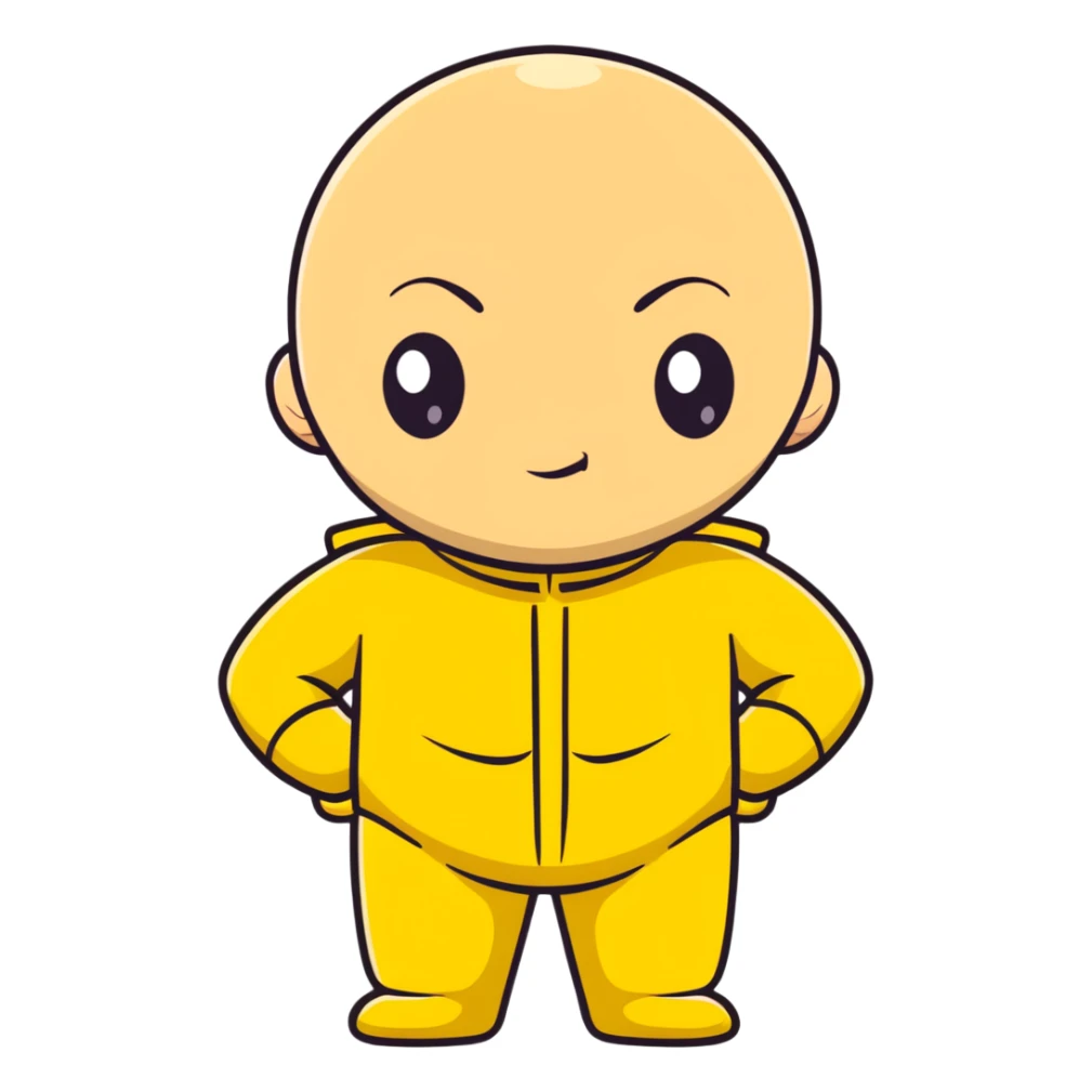 Saitama with blank face from One Punch Man, plain expression, bald head, simple round eyes, yellow hero suit, comical anime look sticker