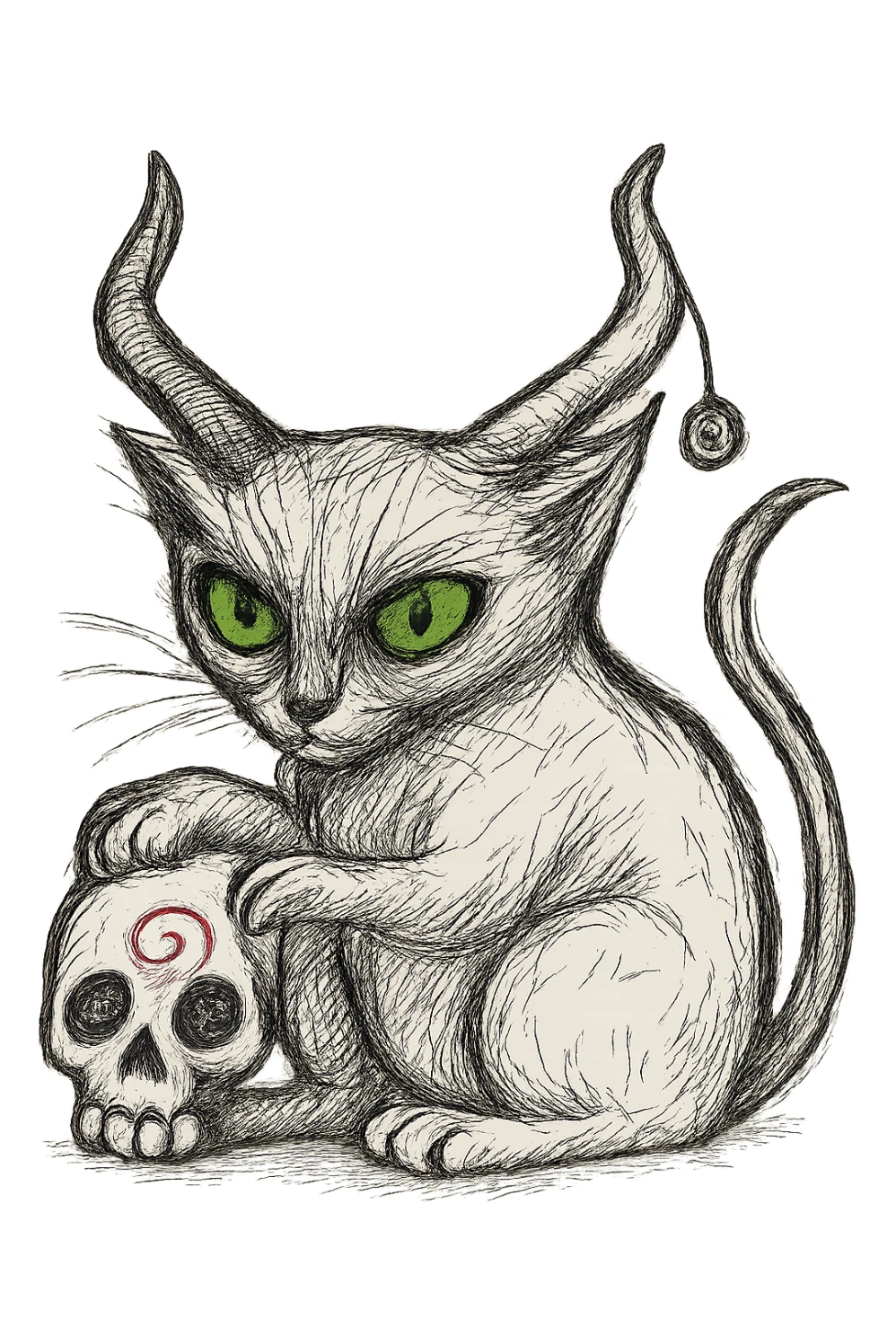 Edit the cat image to have striking green eyes. Keep the realistic hand drawn style with dynamic black outlines and no fill. Preserve the charm on the horn and the red spiral on the skull. Maintain the transparent background as is. sticker