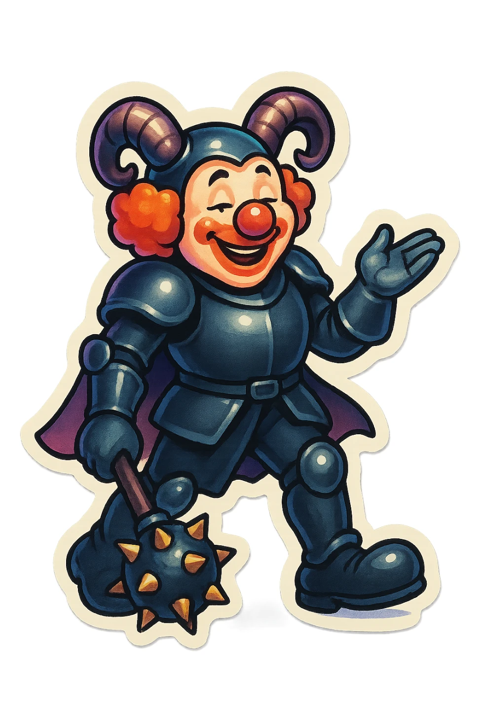 A cheerful armored clown with ram horns, glossy black on matte black armor, short cape, large black clown shoes, standing with one foot forward, one arm down holding an oversized spiked mace, the other hand gesturing as if explaining something, eyes half-closed, vibrant retro stickers style, no yellow aged tint, full body, transparent background sticker