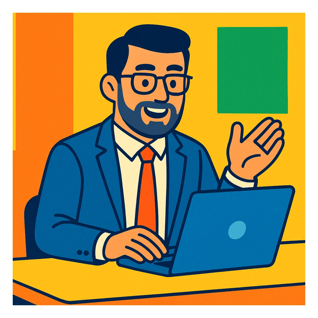 A 35-year-old male business coach sitting at a table with a laptop sticker